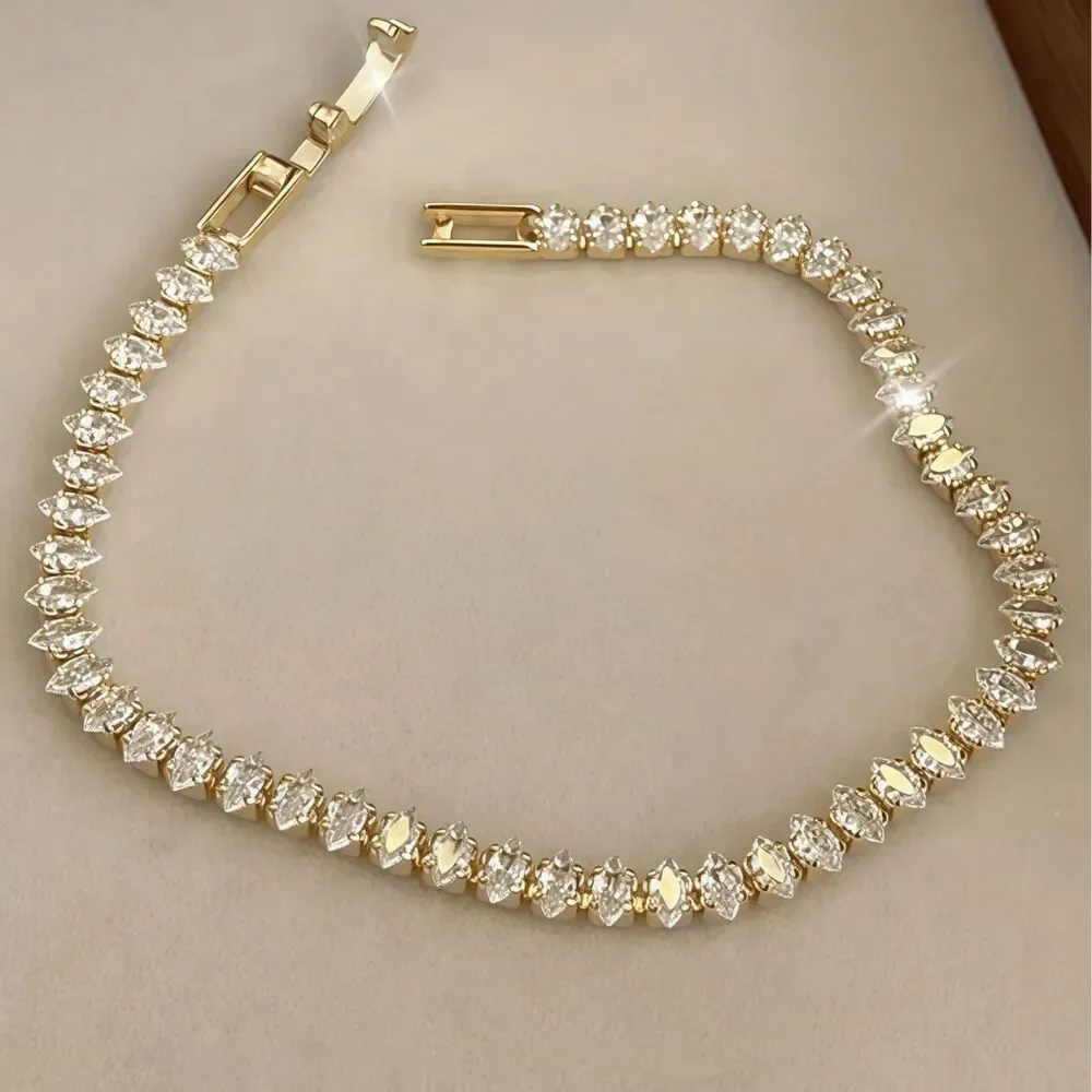 Marquise Cut Zirconia Crystal Gold Tennis Bracelet Clear Gemstone 2.5mm Elegant